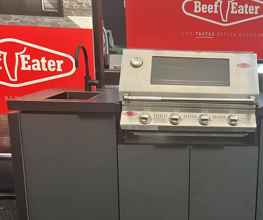 Beefeater Cabinex Outdoor Kitchen Includes S30000SS Series 4 Burner BBQ Head with stainless steel cooking tops, Fridge & Sink