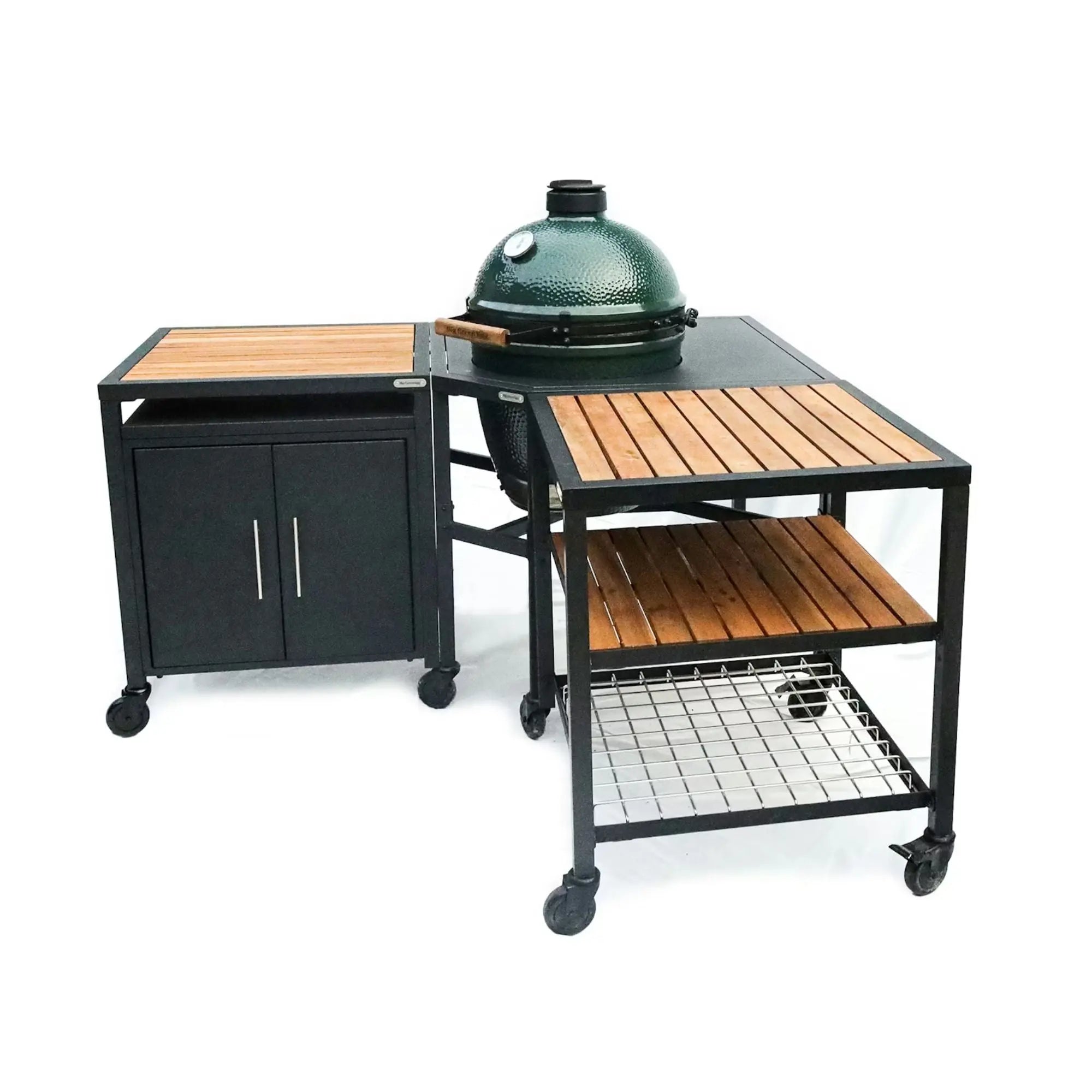 Big Green Egg Corner Modular Nest | 1 Expansion frame and 1 Cabinet with Acacia Surfaces