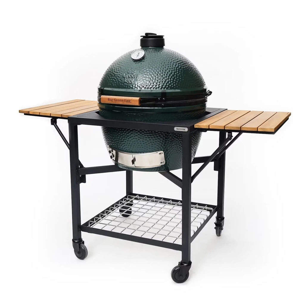 Big Green Egg Modular Nest + Foldable Acacia Shelves with Caster Wheels