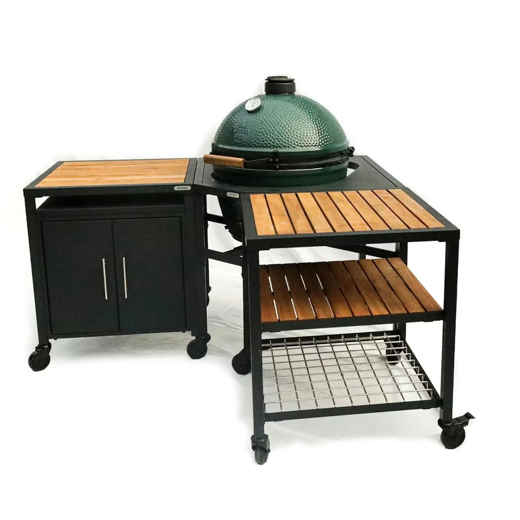 Big Green Egg Corner Modular Nest | 1 Expansion frame and 1 Cabinet with Acacia Surfaces