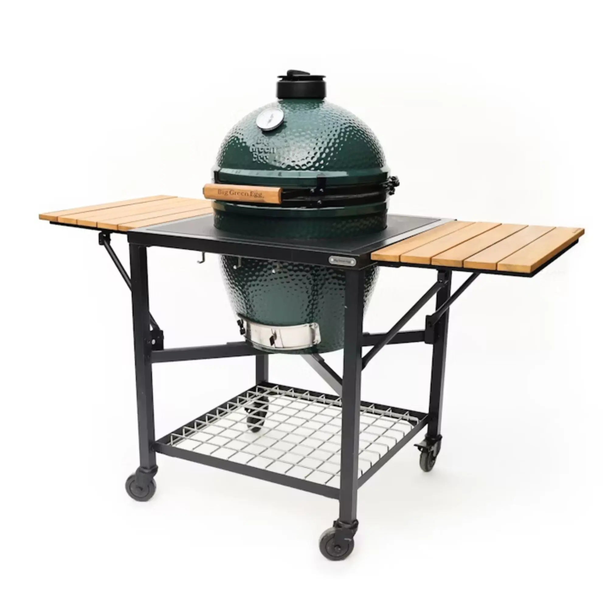 Big Green Egg Modular Nest + Foldable Acacia Shelves with Caster Wheels