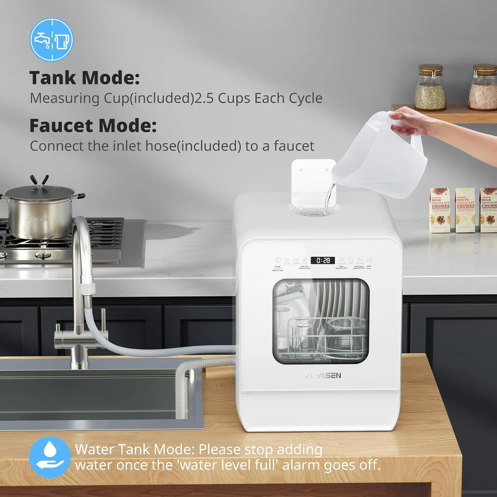 Portable Countertop Dishwasher Mini Dishwasher with 5L Tank, 9 Programs, 37 * 50cm Ultra-Narrow & Deep Design, 1-24H Delay Start & 360° Dual Spray, Hose/No-Hose Setup, White