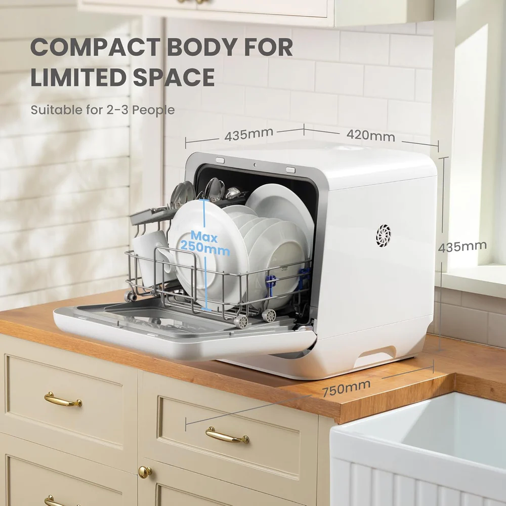 Mini Dishwasher Small Table Top Countertop Dishwasher with Built-in 5L Water Tank, Steam Wash, Ventilated Storage, Energy Class D - White
